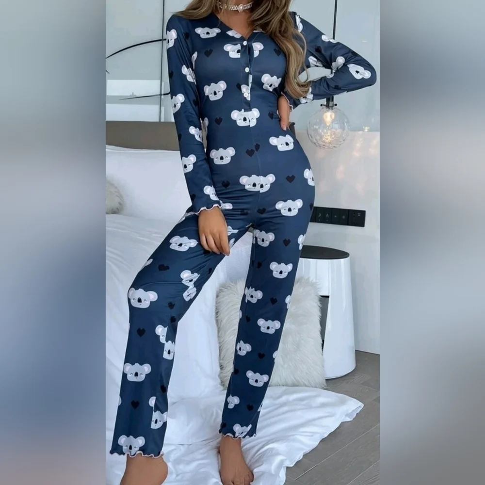 Koala & Heart Print Half Button Lettuce Trim Sleep Jumpsuit PJs Size small NWOT